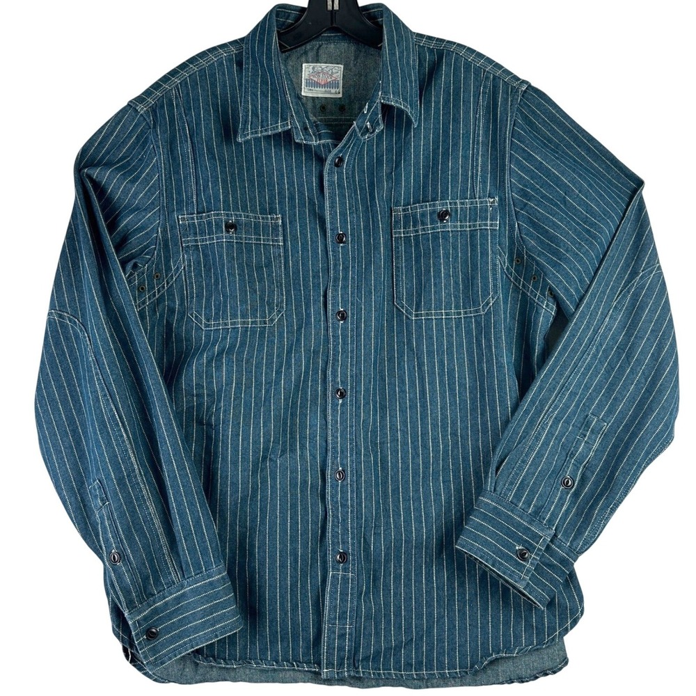 Non Stock Flyer Wabash Stripe Work Shirt Mens 44 XL Blue Indigo Heritage Utility